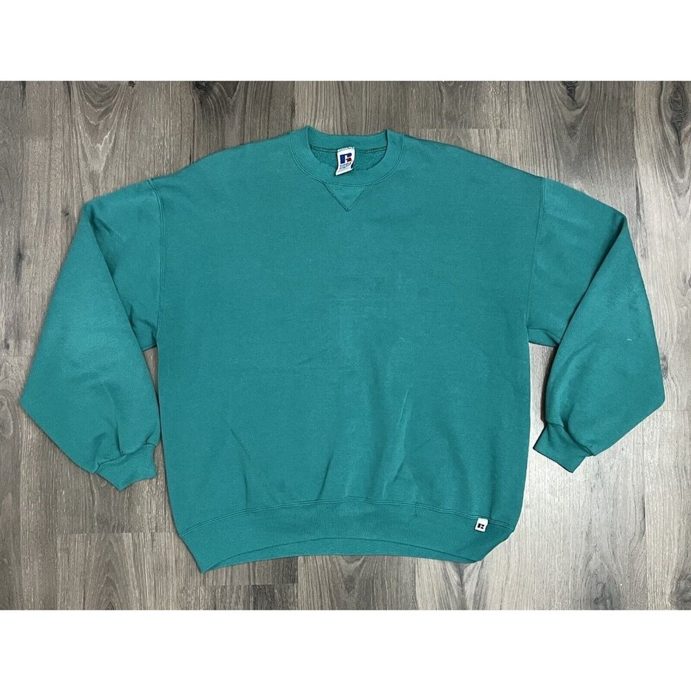 Vintage Russell Athletic Sweatshirt Made USA Distressed Greenish Blue Crew